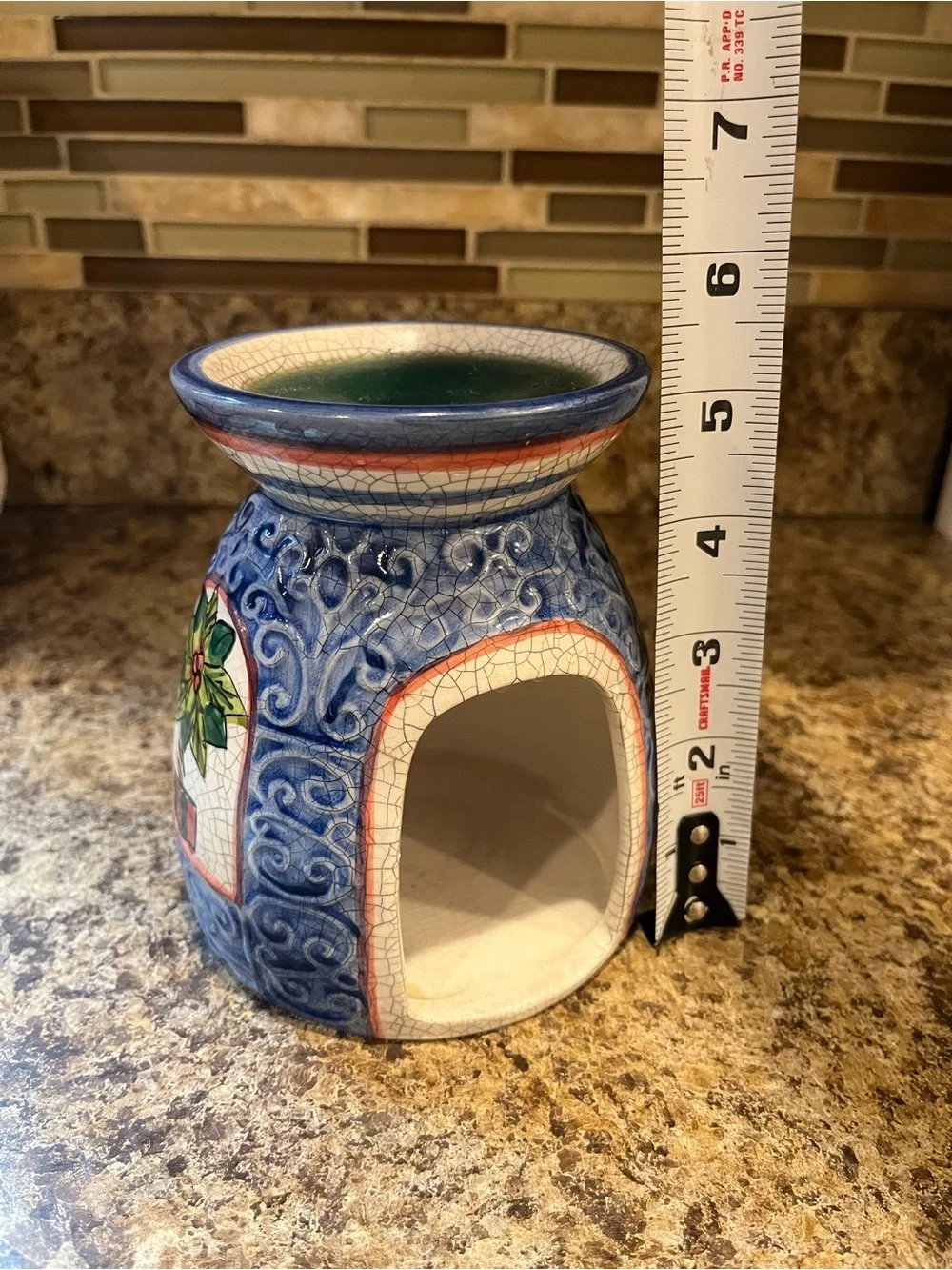 Blue Ceramic Tart Warmer with Holiday Greenery Motif